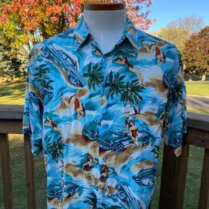 Marc Edwards Men’s Hawaiian Camp Shirt size XL Cars Convertible Pin Up Girl